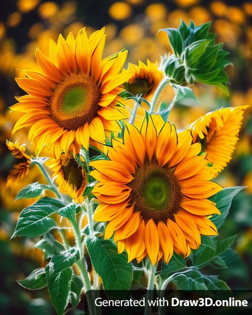 a photo of sunflowers and leaves in color