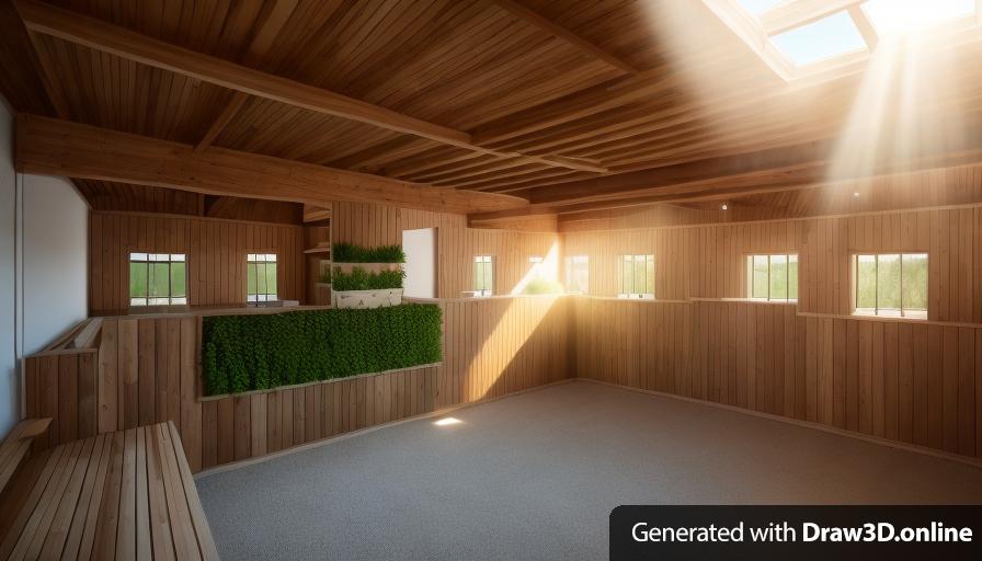 add vertical gardens on the walls and wooden roof with holes for sunlight to come in