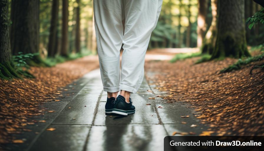 image of nice black shoes  person walking down a forest walkway