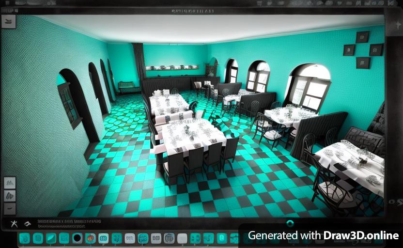 a 3d rendering of bistro in the style of Tim Burton's Alice in Wonderland with black and white checked floor, black walls, turquoise windows