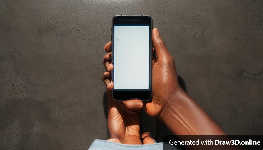 realistic unreal engine style image of a dark skin hand holding a cell phone with a blank screen
at night 
concrete floor as background