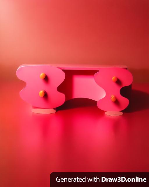 A pink wavy desk with red feet and knobs with a empty center.