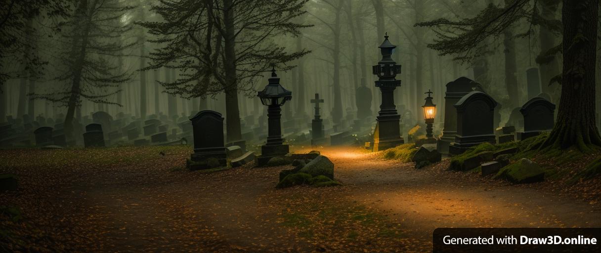 two men  is walking through a dark forest with tombstones with a lantern at night