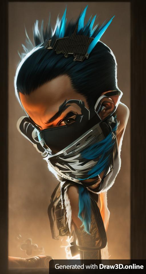 A  avatar model of a 20 somethings ninja witha Mohawk and a machette behind a mask