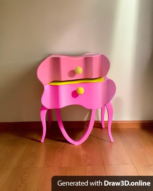 A yellow nightstand with two drawers and pink knobs.