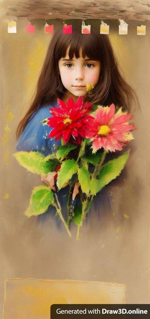 Keep the uploaded drawing  Put the flower from that in the hands a young French girl full color. Keep more of the original image, same colors flowers from the photo.  Left flower gold. Middle flower red. Right flower blue. The new result should have the same textures of the uploaded image.  Only one girl in a forest of flowers.  Girl withe sandy light brown hair.  A single girl in the redering.