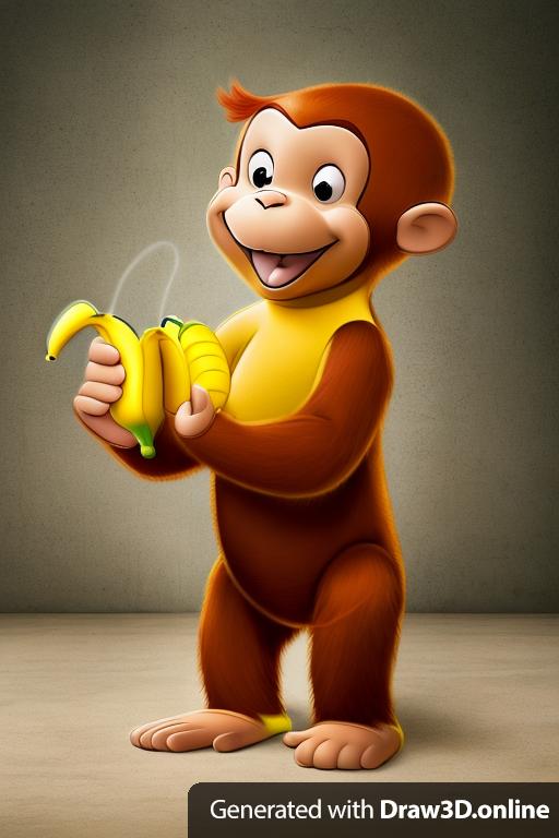 Curious George is a popular children's book character who is a monkey, he is having a banana, photo realistic, city scenery, buildings and people behind