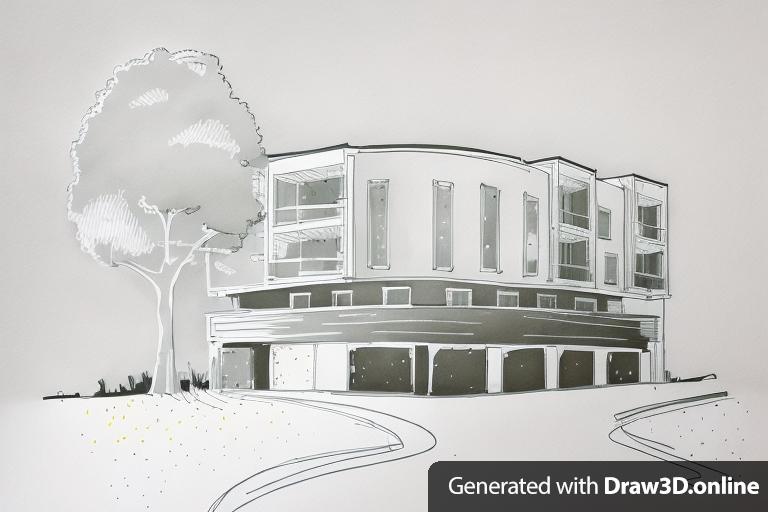 A simple line drawing of an architecture building, a large tree, in the vector style, simple design, with colorful brush strokes, and colorful paint splashes, in the clip art style, with white space around the drawing, simple design