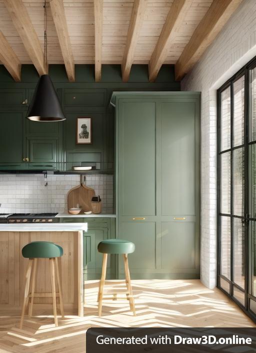 High-end kitchen, more light, small brick floor laid in herringbone pattern, dark green cabinets, luxury, british, glazed exterior doors on right-hand side with view to garden covering whole wall, cream walls, stools with wood legs, marble worktop and back splash