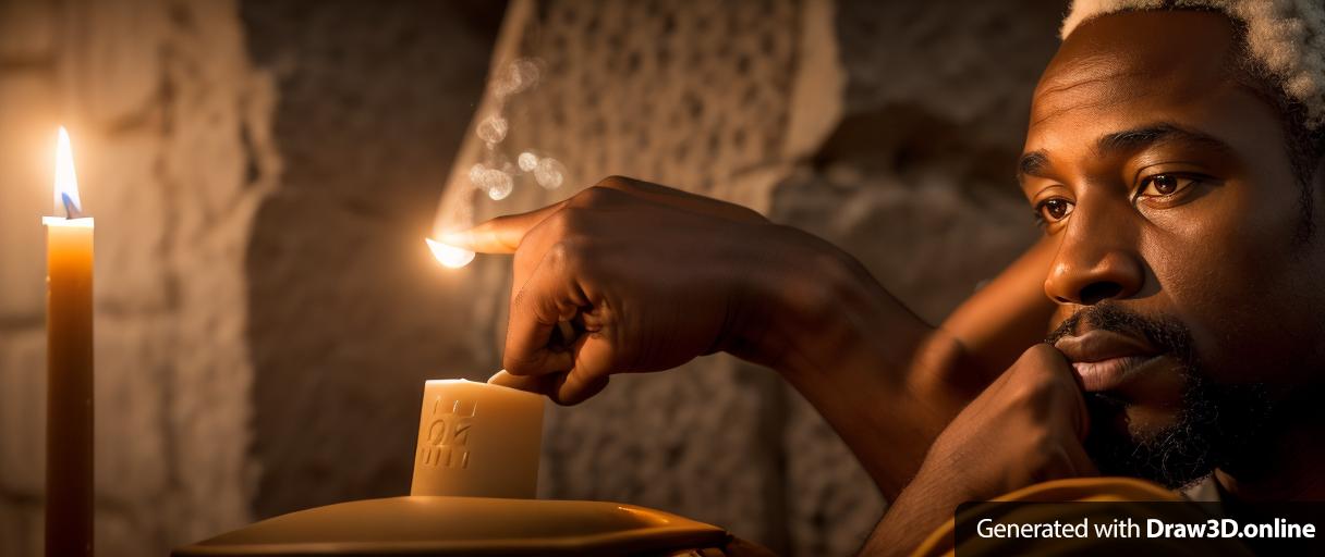 realistic unreal engine portrait  close up of African mans hands  lighting a candle in front of a tombstone