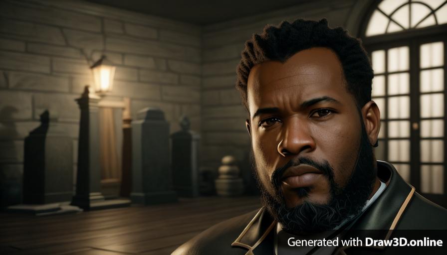 realistic unreal engine  style, image  of a black  man with a beard and a clean cut, looking sad ,tombstones  lanterns on the floor at night in the back ground