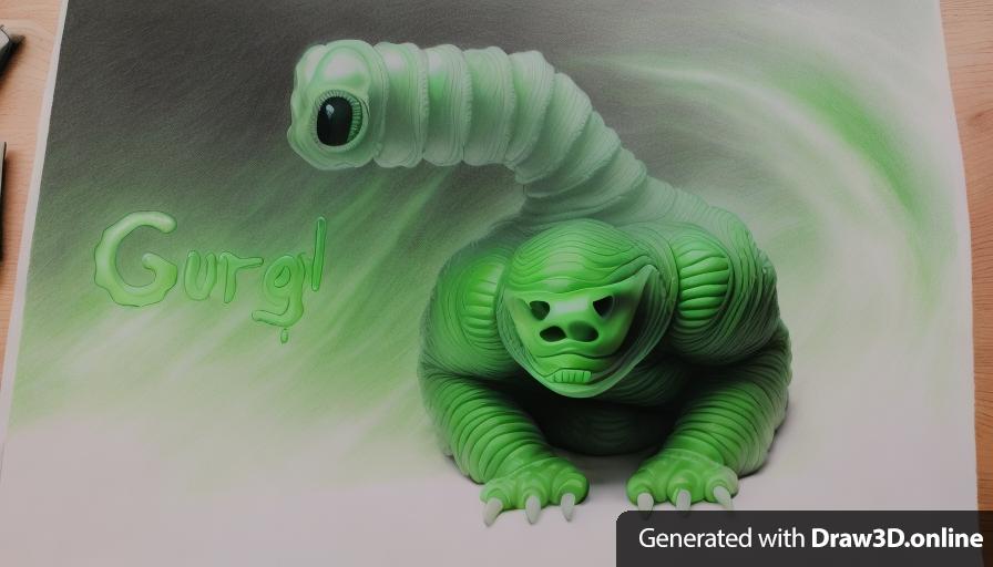 There is a drawing of a green slimy alien creature