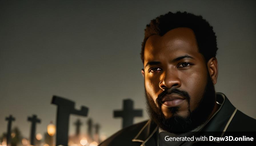 realistic unreal engine  style, image  of a black  man with a beard and a clean cut, looking sad ,t  lanterns on the floor at night, cemetery in the back ground