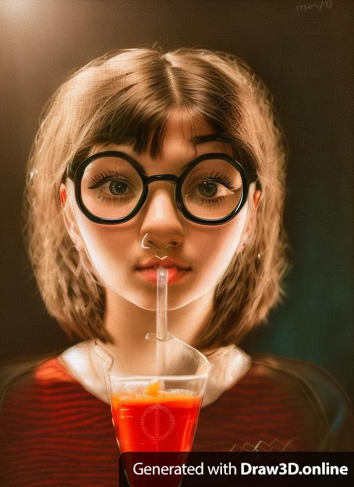 a portrait of a woman. age 15, with black glasses, and siping a drink in a glass with a straw