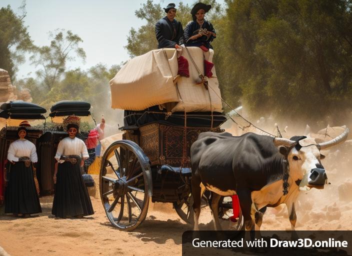 Bull, Chariot with two men in black classic clothes drivers and full of goods , two women with things goods on the head