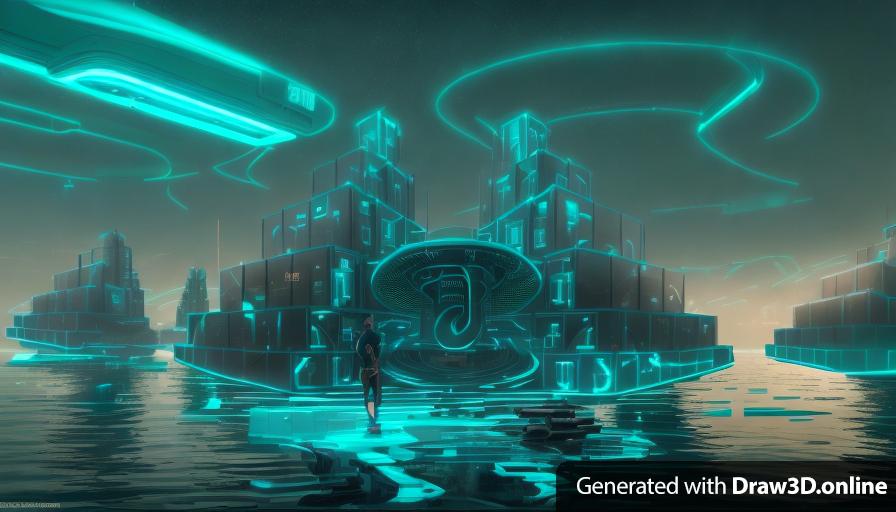 this is an art film of a futuristic city, in the style of light black and teal, futuristic contraptions, seapunk, majestic ports, light bronze and teal, reduced-scale architecture, photorealistic rendering