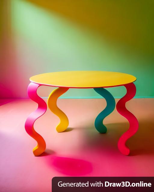 A pink dining table with yellow, red, blue, and green wavy legs.