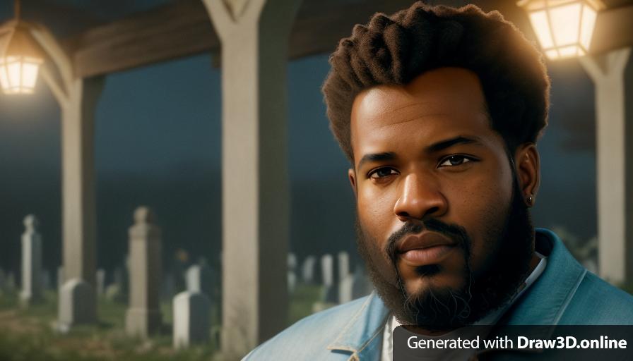 realistic unreal engine  style, image  of a black  man with a beard and a clean cut, wearing blue overalls looking sad ,t  lanterns on the floor at night, cemetery in the back ground