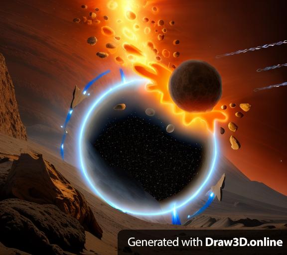 Create a scene featuring two volcanic protoplanets in the midst of a cosmic collision. The larger protoplanet serves as the primary focus, with its surface marked by dark, rugged terrain and glowing magma channels, indicating intense volcanic activity. The smaller protoplanet, about one-third the size of the larger, exhibits similar volcanic features and is captured at the moment of impact near the larger planet's imagined North Pole.

The collision is dynamic, causing the larger planet to tilt, an effect that can be subtly indicated by skewing its axis or displacing surface features to suggest movement. From the point of impact, visualize a dramatic explosion of bright oranges, yellows, and whites, highlighting the energy release.

Surrounding the collision site, depict a chaotic cloud of debris and dust ejecting into space, forming a halo around the impact area. This cloud should consist of various-sized particles - from large chunks to fine dust - all shimmering against the dark backdrop of space.

To emphasize the dynamics and trajectory of the collision, add tracks or trails emanating from both protoplanets. These trails should have a gradient from a white or light-blue leading edge, fading into darker hues, demonstrating both the speed and direction of the incoming smaller protoplanet. The trails visually indicate that the planets were initially on a head-to-head course but then diverged by a distance equal to the radius of the smaller planet.

The background is filled with the vastness of space, populated with distant stars to enhance the cosmic setting. However, these elements should remain subdued to keep the focus on the main event.