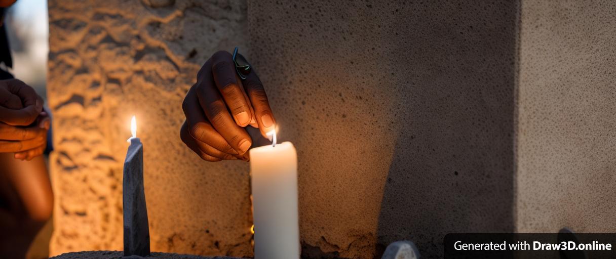 realistic unreal engine portrait  close up of African mans hands  lighting a candle in front of a tombstone