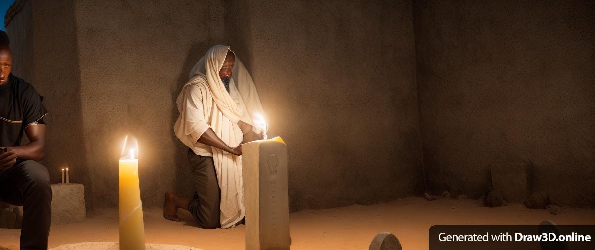 realistic unreal engine portrait African man  lighting a candle in front of a tombstone