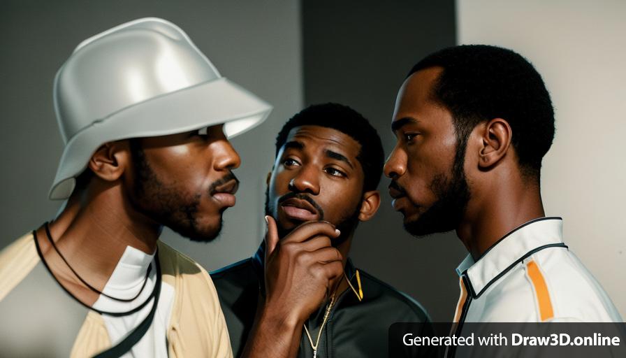 realistic unreal engine style image black men talking to each other in a room
the man in the middle in the foreground