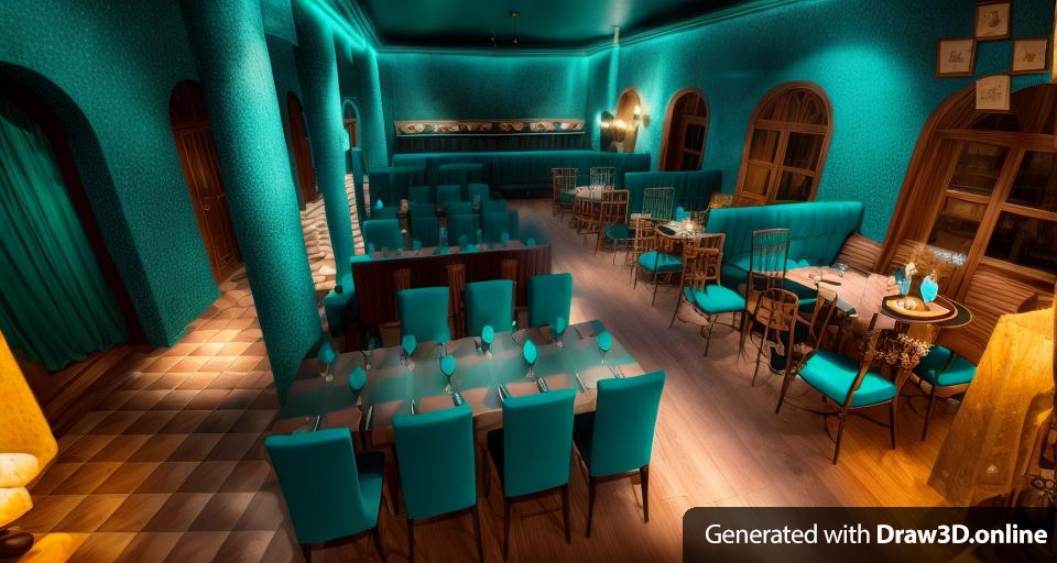 a bistro of a magic theater in black and teal blue colors in the style of Tim Burton's Alice in Wonderland