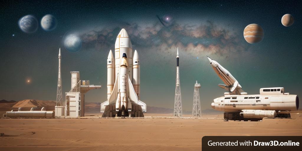 an ultra realistic render of space station with rocket and space shuttle and towers with starry night sky with planets in background and some sand dunes