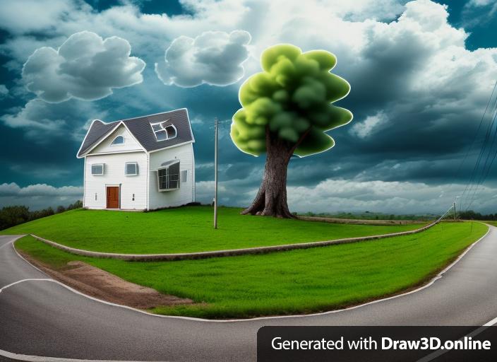 House and tree on road with clouds in sky