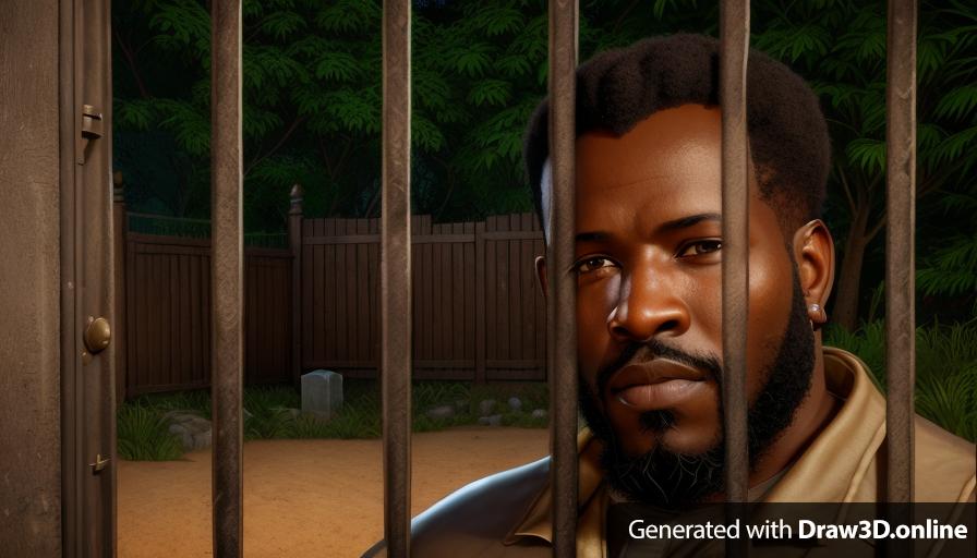 realistic unreal engine style image of an African man with a beard standing behind a gate ,  a open cemetery in the background at night