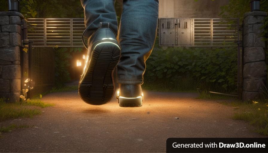 a realistic unreal engine style  portrait close up of boots from behind of one person walking towards 
 a gate at Night