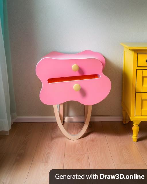 A yellow nightstand with two drawers and pink knobs and no legs floating on a blank wall.