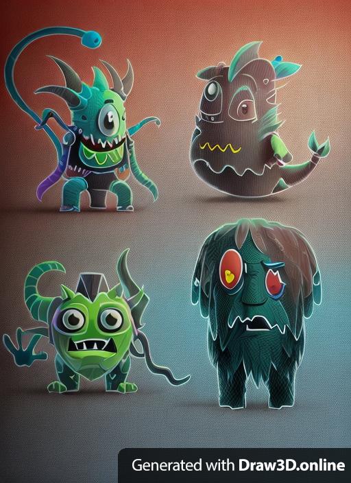 Sketches of pretend monsters that are meant to be fun and colorful