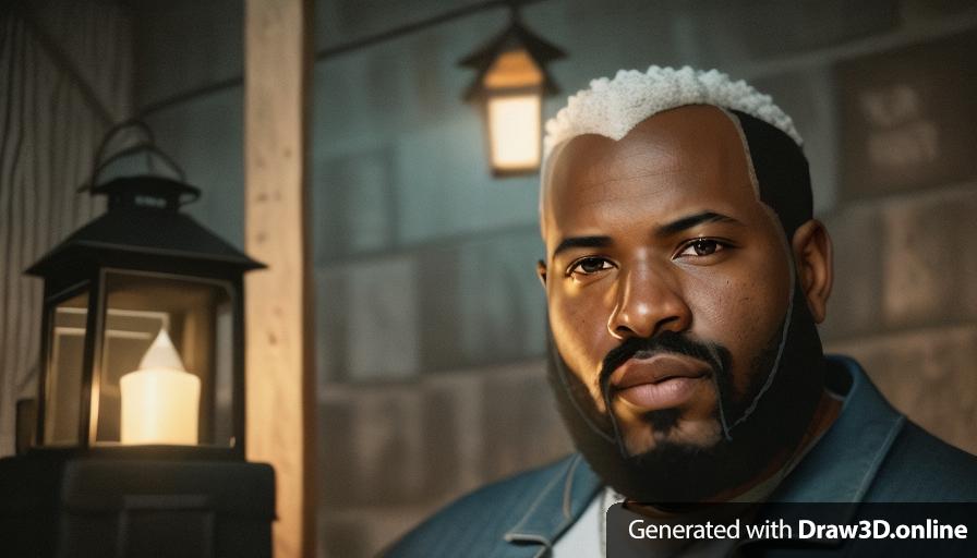 realistic unreal engine  style, image  of a black  man with a beard and a clean cut, wearing blue overalls looking sad , lanterns on the floor at night, Tombstones in the back ground