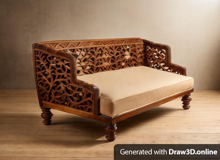 Sofa with pomegranate design wood carving and rattan weaving on the hand rail and top back, with light brown cuahion