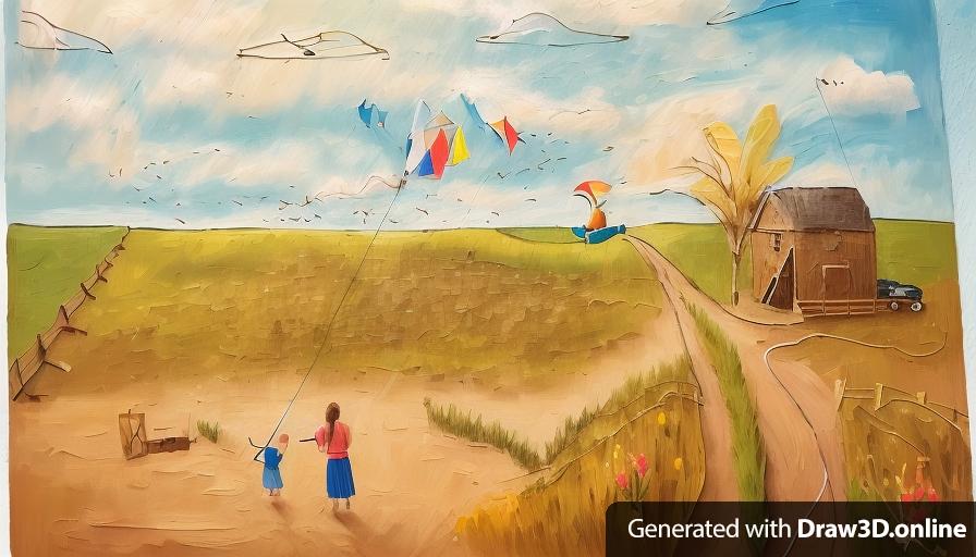 Landscape of prairie picture with woman and little girl flying a kite and a teenage boy fishing