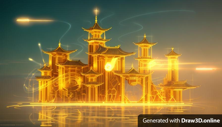 golden castle with golden lights in the sky, in the style of sci-fi anime, northern china's terrain, unreal engine 5, ross tran, columns and totems, eye-catching detail, animated film pioneer, unreal engine render, foggy, photorealism