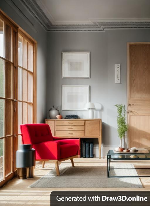 High end london interior, high end inteiror design, morning light, wood floor, glazed door to another internal room, rug, wood side table, grey walls, red chair