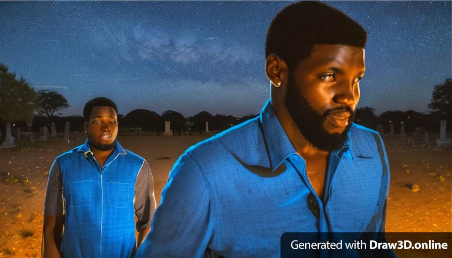 two African men wearing blue shirts standing next to each other 
one African man is wearing  blue overalls
at a cemetery
at night