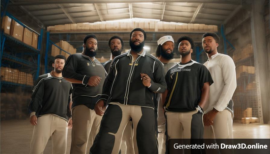 realistic unreal engine style image of a group of black men with beards standing in a warehouse
looking down