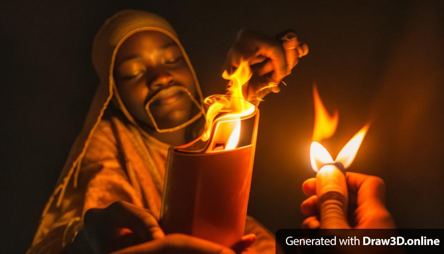 a African hand holding a lighter with flames coming out of it