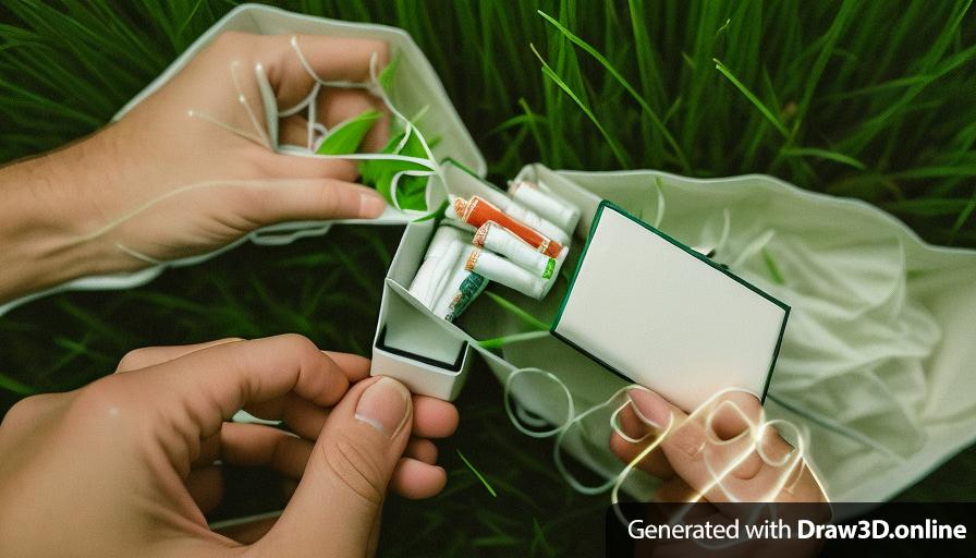 two hands holding a white box of cigarettes
at night 
grass in the background