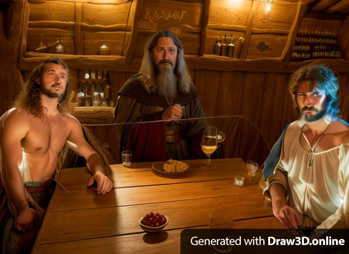 Medieval style fantasy art scene of three men relaxing in a tavern.