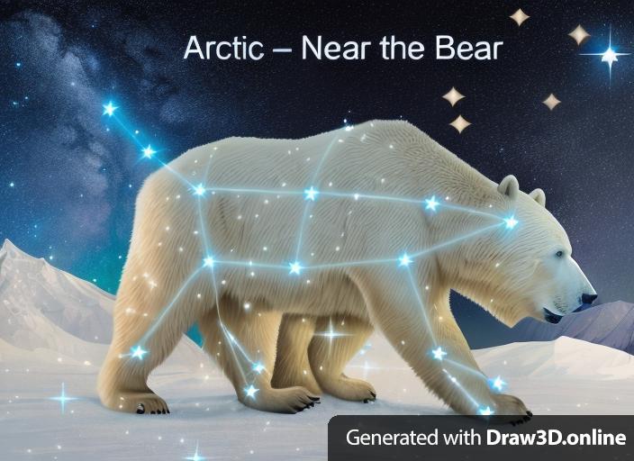 Create an image of a realistic polar bear in a starry night setting. The polar bear should be in the same pose as the one in the provided sketch. Within the silhouette of the polar bear, include a constellation that closely resembles Ursa Major or Ursa Minor, with the stars at key points matching the bear's anatomy, such as the eyes, ears, spine, and paws. Make sure the polar bear's fur texture, colors, and appearance are as photo-realistic as possible, and the surrounding environment should evoke a serene Arctic night