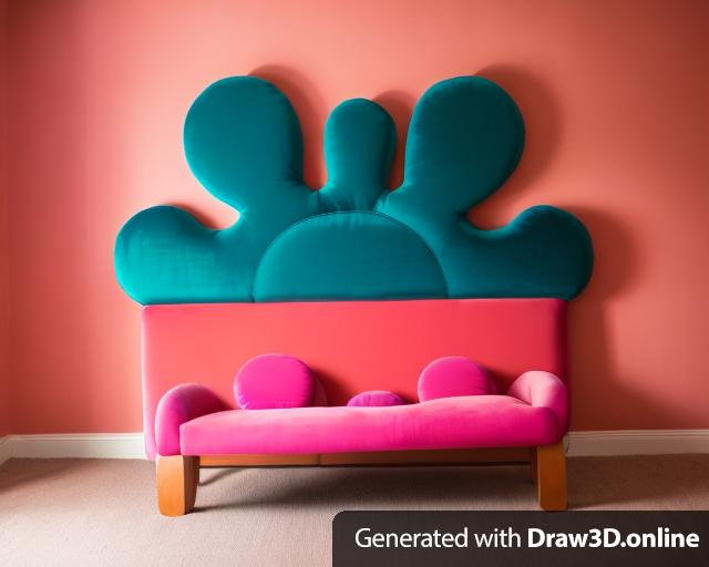 A velvet headboard with a blue top, orange circle, and pink bottom.