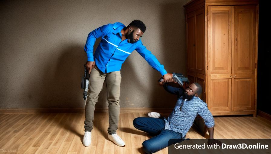 photograph of an African man with a beard wearing a blue shirt, pointing a gun at another African man with blonde hair, who is on the floor, begging for his life. in a dark room