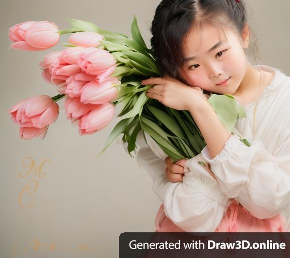 A portait of a chinese girl about 18 years old, holding a bunch of tulips, with one fist supporting the cheek and the other touching the shoulder