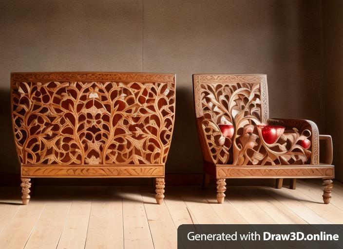 2 chair ls with wood carved in pomegranate inspiration, with light brown bottom cushion.