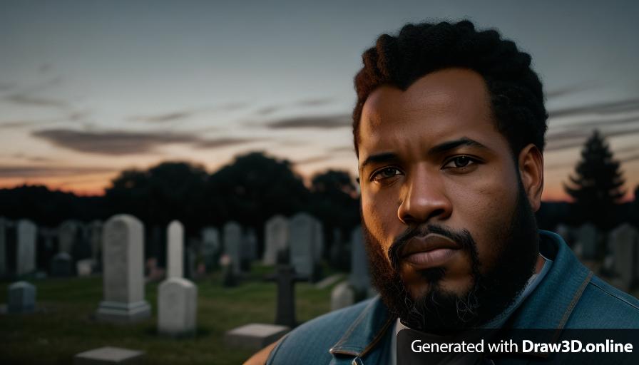 realistic unreal engine style, image at night of a black man with a beard black hair and a clean cut, wearing blue overalls looking sad , a Cemetery and tombstone in the back ground