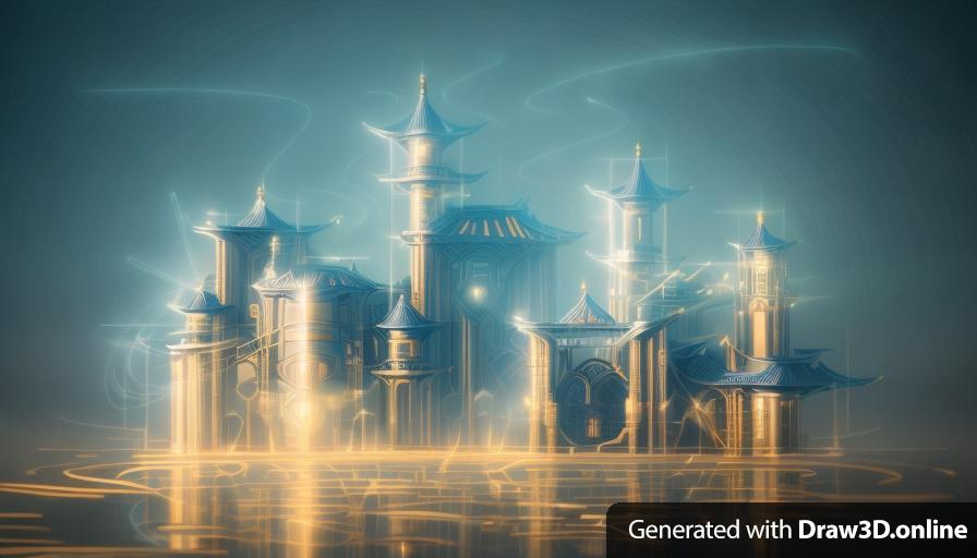 a fantasy scene that has a castle in the background, in the style of futurist mechanical precision, asian-inspired, rtx on, animated energy, light gold and blue, ultra realistic, molecular